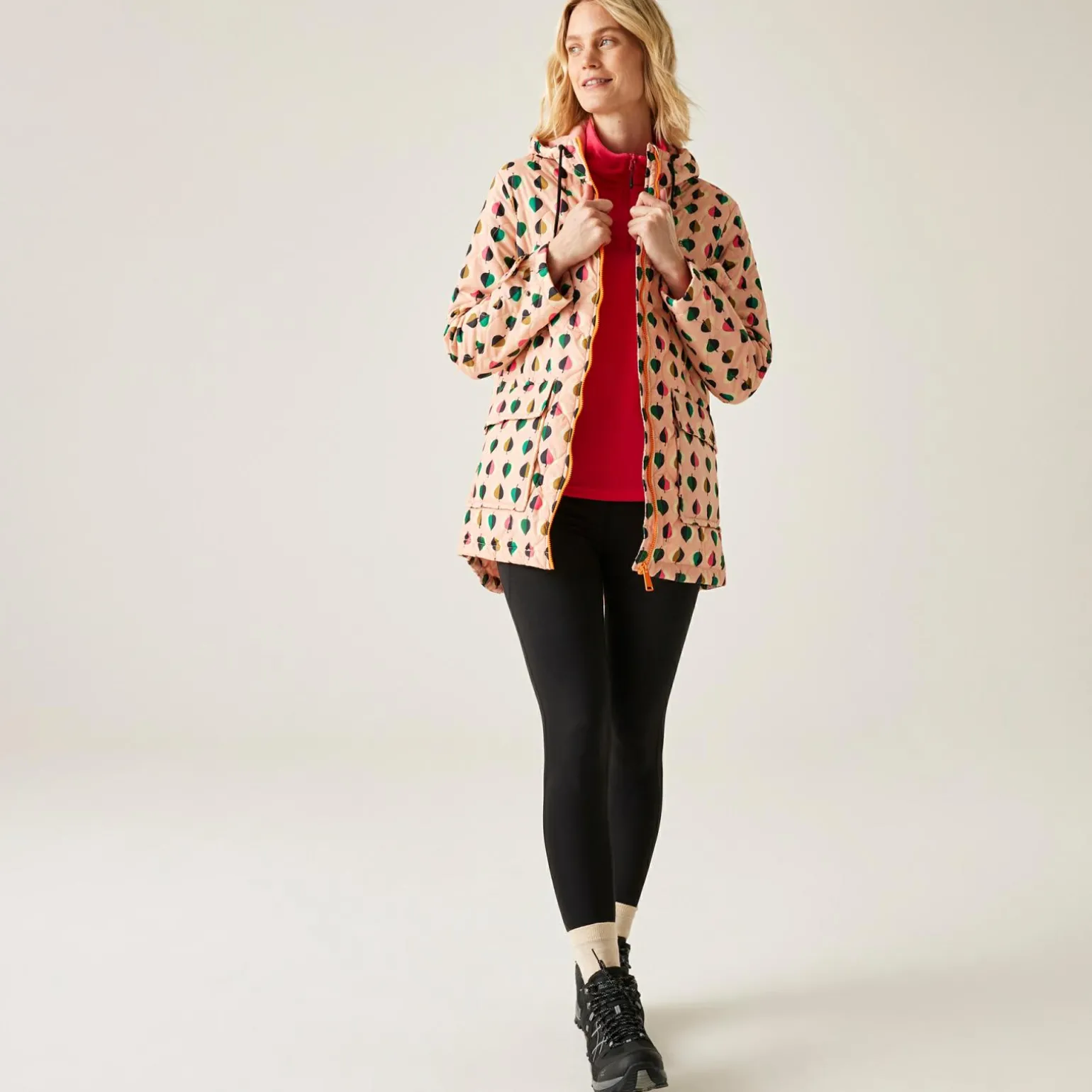 Orla Kiely - Damska kurtka ocieplana Waterproof | Czarny w różowy wzór