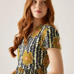 Orla Kiely - Damska sukienka Tiered Midi | Żółty